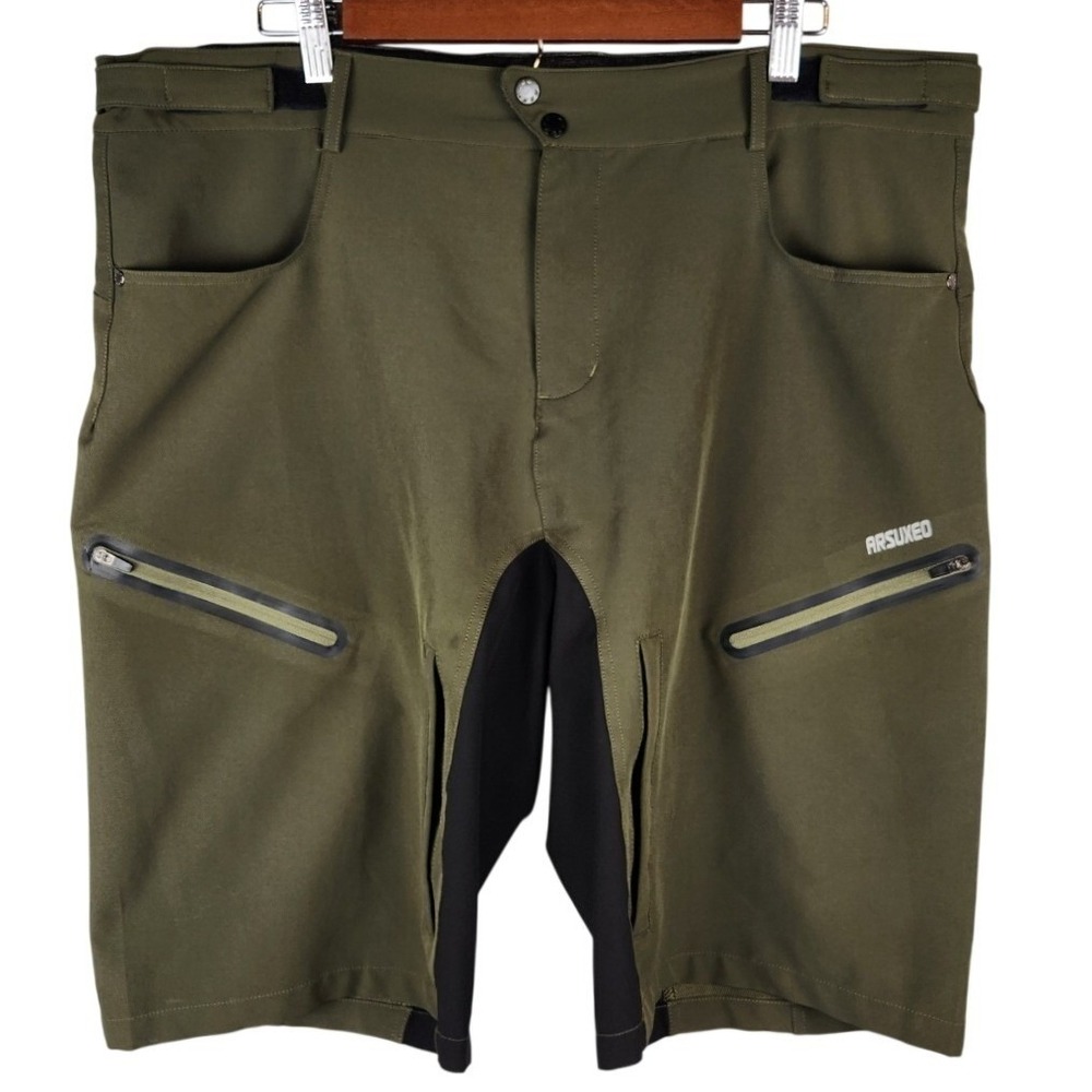 ARSUXEO Mens XL Mountain Bike Shorts MTB Cycling Olive Green Zip Pockets Stretch